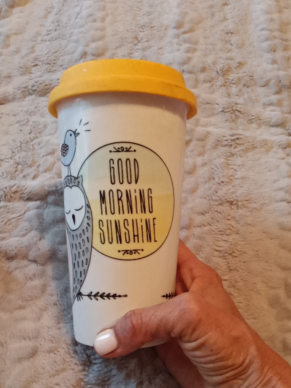 Good Morning Sunshine Bird Travel Mug with Yellow Lid